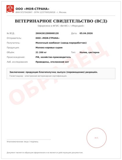 Ветеринарное свидетельство (ВСД) — образец